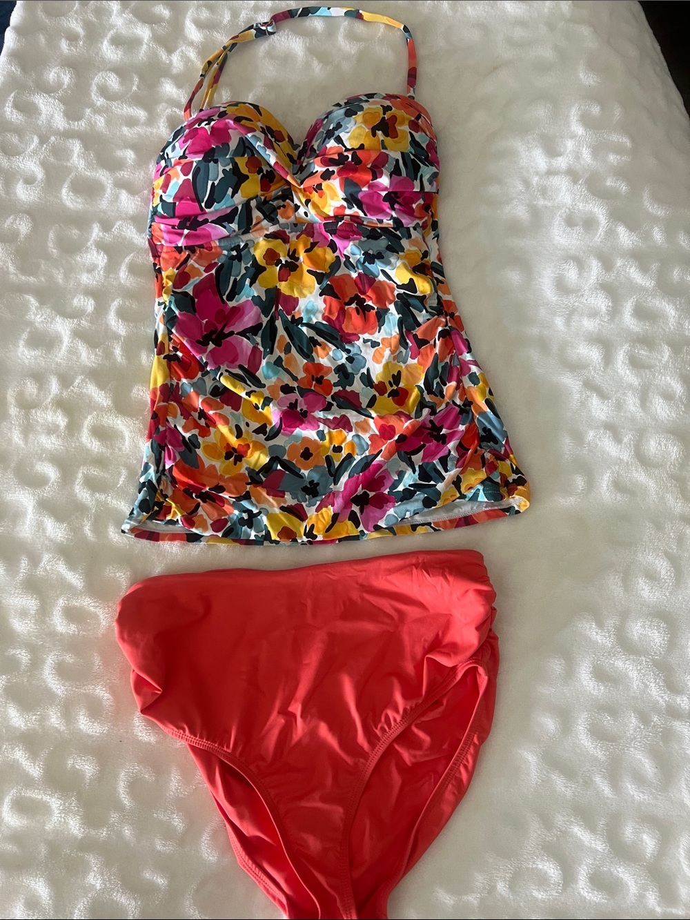Anne Cole Floral Multicolor Tankini with Coral Bikini Bottoms